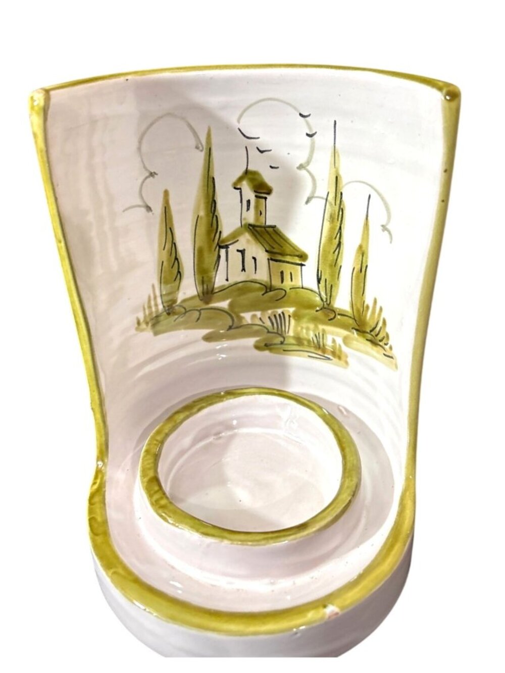 Candle Holder Chamberstick Signed Italy # 2568 Green Painted House with Trees - Picture 4 of 10